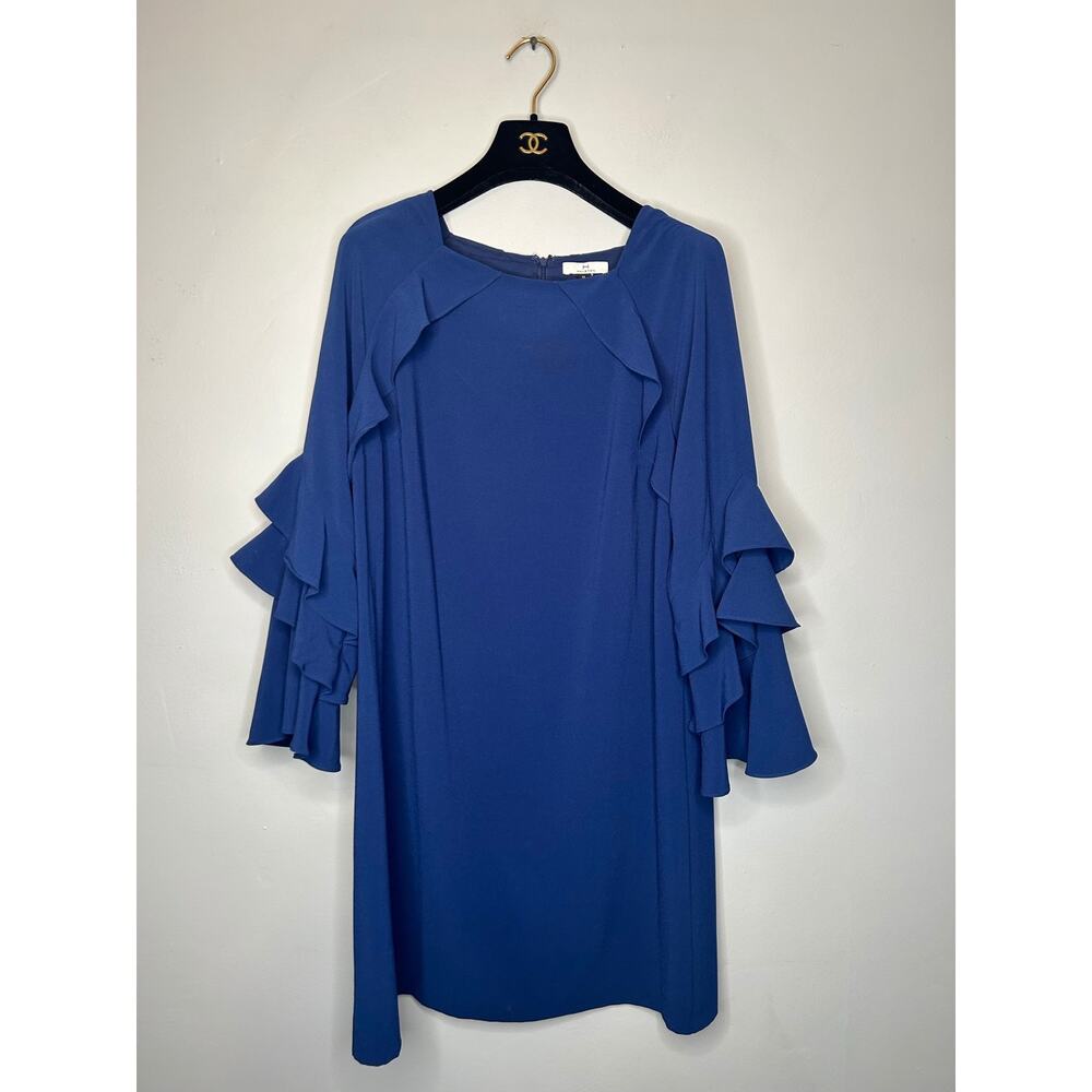 HALSTON H Blue Ruffle Bell Long Sleeve Square Neck Crepe Cocktail Dress XS